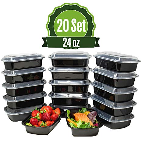 Meal Prep Food Storage Containers with Lids, 1 Compartment 24 oz (20 Set) - BPA Free, Lunch Portion Control, Dishwasher, Freezer Safe, Microwavable, Reusable or Disposable Plastic Bento boxes