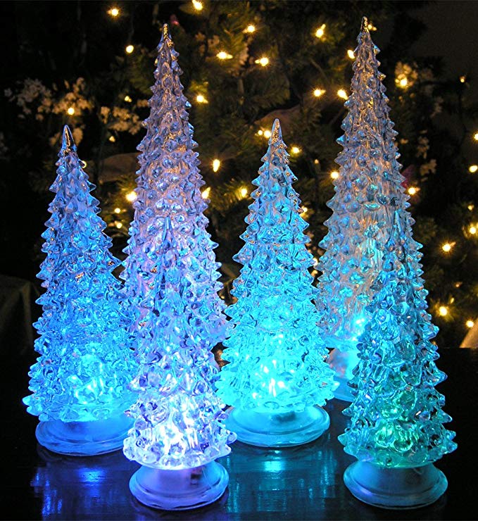 BANBERRY DESIGNS LED Lighted Acrylic Christmas Trees Holiday Decoration Set of 6 Assorted Sizes 10", 7.5" & 5.5" H