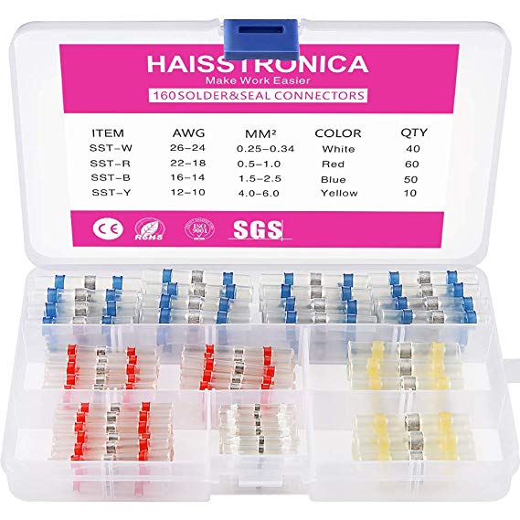 160PCS Solder Seal Wire Connectors-Haisstronica Waterproof Wire connectors-Butt connectors Electrical Insulated Automotive Wire Connectors with Case（40WHITE,60RED,50BLUE,10YELLOW）