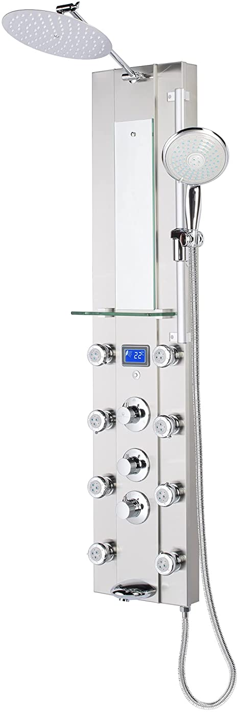 Blue Ocean 52” Stainless Steel SPV962332 Thermostatic Shower Panel with Rainfall Shower Head, 8 Adjustable Nozzles, and Tub Spout