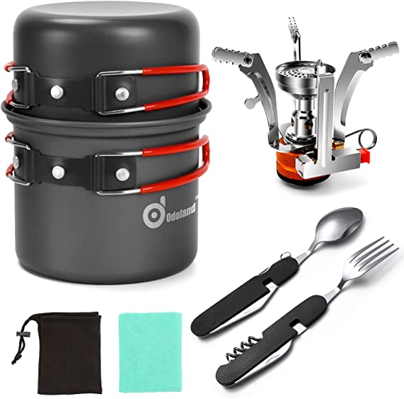 Odoland Camping Cookware Set With Stove and Tableware - Portable Campfire Stainless Steel Cook Gear Outdoor Traveling Cooking Utensils Kit for Trekking Hiking Picnic…