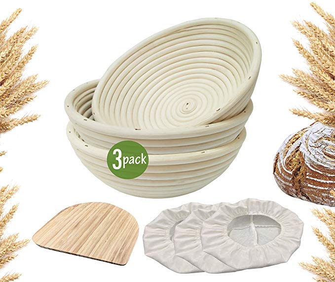 9 inch Banneton Proofing Baskets for Sourdough Bread | Wicker Round Brotform Set with Bamboo Dough Scraper & Cloth Liners | Food-Safe Cane Bread Proofer for Rising (3 Pack 9" Round Bannetons)