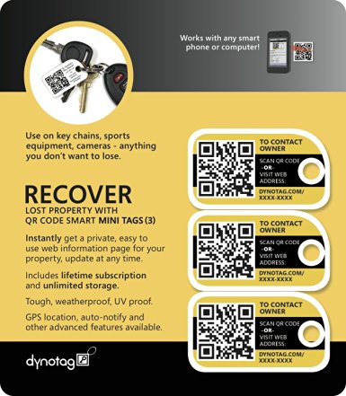 Dynotag® Web/GPS Enabled QR Smart Mini Fashion Tags - 3 Identical Tags for Gear