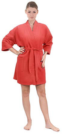 Women's Knee Length Waffle Weave Kimono Bathrobe, Short Spa Robes