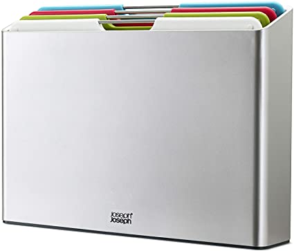 Joseph Joseph 60185 Folio Plastic Cutting Board Set with Storage Case Color-Coded Easy-Access Design Dishwasher Safer Non-Slip, Large, Silver