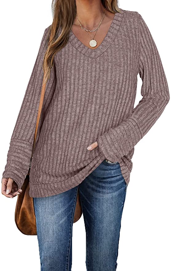 Aokosor Womens Long Sleeve Tops V Neck Jumpers Solid Color Sweatshirts