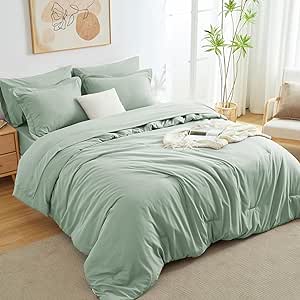 CozyLux Queen Comforter Set Sage Green, 7 Pieces Bed in a Bag, Bedding Comforter Set with Sheets, All Season Boho 7PC Bed Sets with Comforter, Fitted Sheets, Flat Sheets, Pillow Shams and Pillowcases