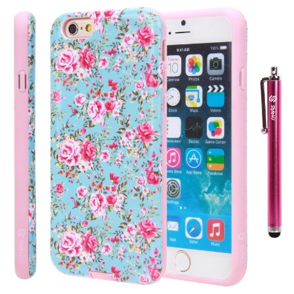 iPhone 6 Case, Style4U iPhone 6 Flower Design Slim Fit Hybrid Armor Case for Apple iPhone 6 4.7-inch with 1 Stylus and 1 HD Clear Screen Protector [Flower Pink]