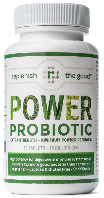 Power Probiotic Extra Strength 60ct 15 Billion CFU 10 Strains Kiwi Prebiotic Time Release 30-Day Supply Reduce and Relieve Bloated Stomach and Acid Reflux Intestinal Digestive and Brain Health