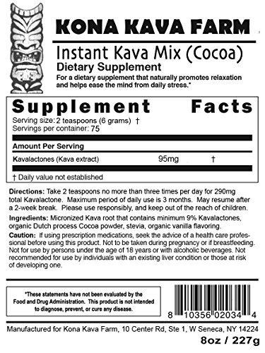 KONA KAVA Premium Instant Kava Kava Mix Cocoa (8oz)