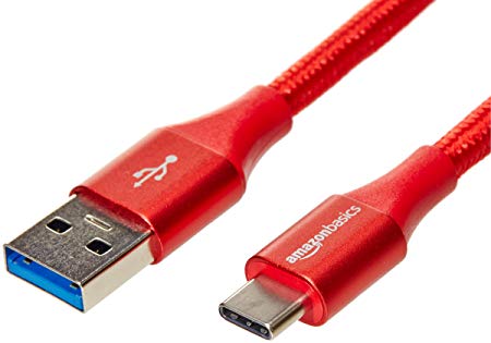 AmazonBasics Double Braided Nylon USB Type-C to Type-A 3.1 Gen 2 Cable | 0.3 m, Red