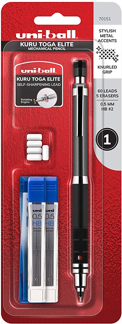 Kuru Toga Elite Mechanical Pencil Starter Kit, 0.5mm, HB #2, Gun Metal Barrel, 1 Count