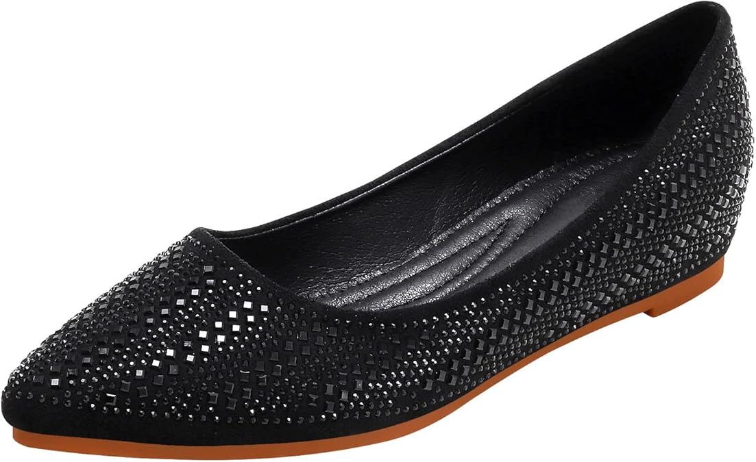 KUNWFNIX Women's Diamond Embellished Flat Shoes - Slip Resistant Sole - Elegant and Comfortable Cozy Anti Slip Sole Ballet Flats