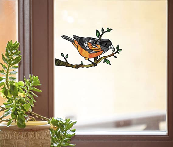 Bird - Oriole Perched on Branch - Stained Glass Style See-Through Vinyl Window Decal - Copyright 2017 YYDCo. (MD 5.25"w x 3.25"h)