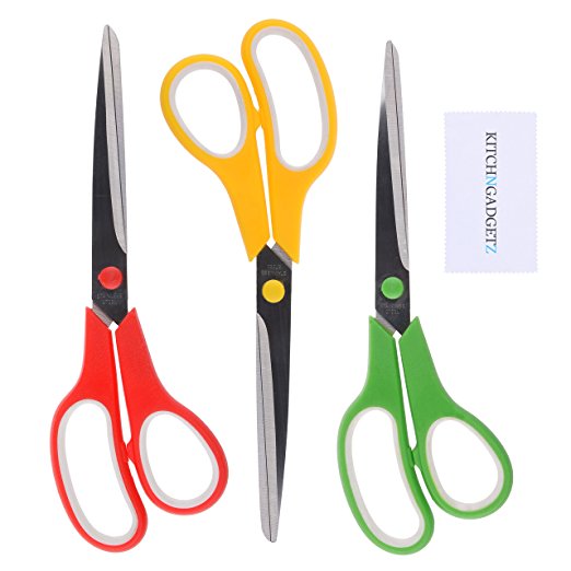 Scissors XL 9.5" Precision Cut - 3 Pack of Shears - Red, Yellow, Green (Coding)- Sharp Edge Stainless Steel Blades - Multi Purpose: Kitchen/Office/Crafts/College - Paper/Herbs/Rope/Fabric/Photos/etc