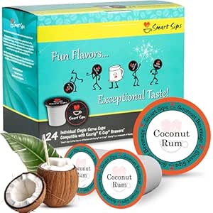 Smart Sips Coffee, Coconut Rum Coffee, Medium Roast, Gourmet Flavored Coffee Single Serve Pods for Keurig K-Cup Brewers, 24 Count