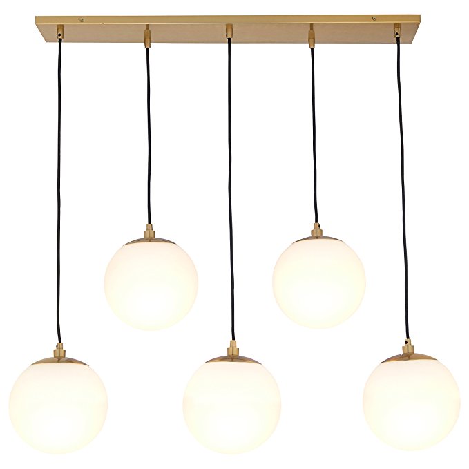 Rivet Eclipse 5-Globe Brass Pendant Chandelier, 36" H, Brass with Frosted Glass Globes