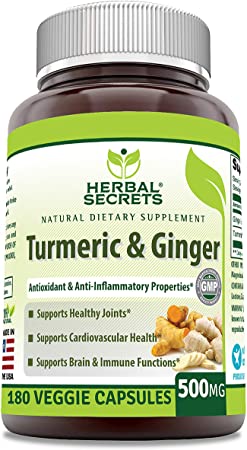 Herbal Secrets Turmeric & Ginger 500 Mg Veggie Capsules (Non-GMO) - Antioxidant & Anti-Inflammatory Properties, Support Digestive Function, Healthy Heart Rate & Brain Function* (180 Count)