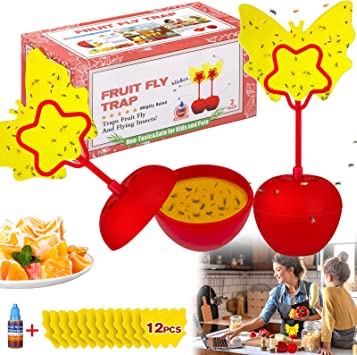 Fruit Fly Trap for Indoors with Yellow Sticky Traps, Effective Fly Catcher Gnat Killer Trap with Bait, Safe & Non-Toxic Fly Trap for Home, Kitchen, Plant, Indoor & Outdoor (2 Pack)