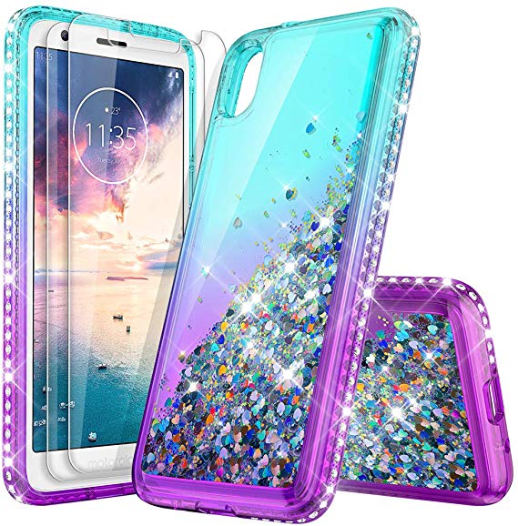 Moto E6 Phone Case for Girl Women [with Tempered Glass Screen Protector,2 Pack],Glitter Moving Liquid Quicksand,Shockproof Scratch Resistant Protective Clear Case for Motorola E6 (Blue/Purple)