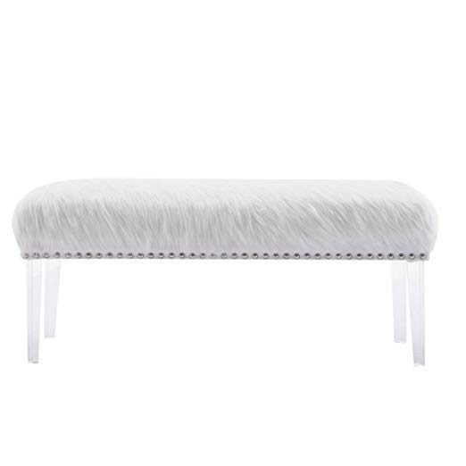 Andeworld White Faux Fur Bench with Acrylic Legs and Nailhead Upholstered Vanity Bench Ottomans & Footstools