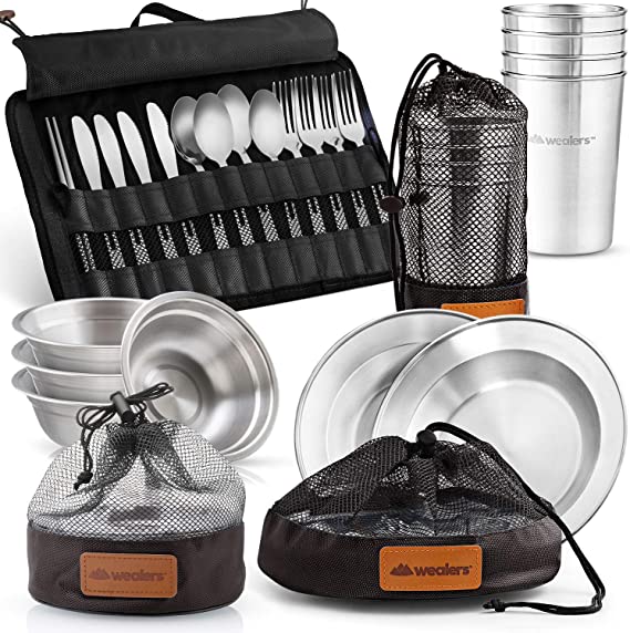 Wealers Unique Complete Messware Kit Polished Stainless Steel Dishes Set| Tableware| Dinnerware| Camping| Buffet| Includes - Cups | Plates| Bowls| Cutlery| Comes in Mesh Bags (4 Person Set) (Black)