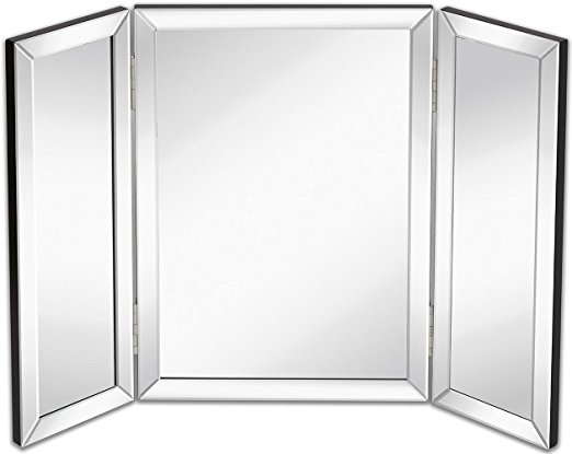 Hamilton Hills Trifold Vanity Mirror | Solid Hinged Sided Tri-fold Beveled Mirrored Edges | 3 Way Hangable on Wall or Tabletop Cosmetic & Makeup Mirror