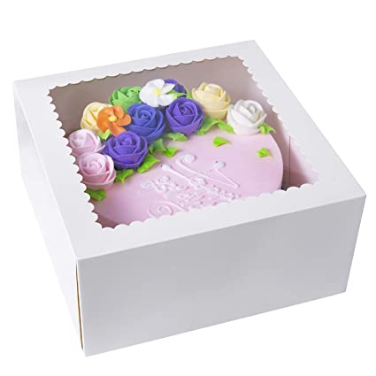 CHERRY White Cake Boxes10 X 10 X 5inch,Kraft Paperboard Bakery Box with Auto-Popup Window (Pack of 15)