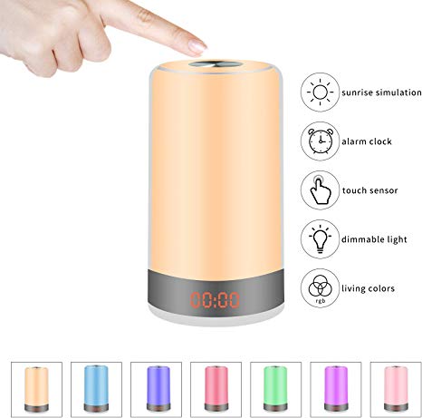NGOZI Wake Up Light, Alarm Clock Colored Sunrise Simulation LED Digital Alarm Clock Touch Control Dimmable Bedside Lamp with 5 Natural Sounds Rechargeable, 3 Brightness Levels, 256 Color RGB Mode