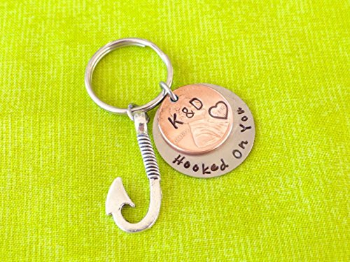 Anniversary Keychain, Anniversary gift, Initials, Penny, stamped penny, Penny Keychain, our first anniversary, Hooked on you