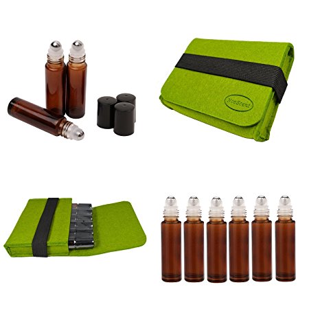 Premium Refillable Empty Rollon Bottle Set Include 6 Piece 10ML Roller Bottles and 1x Green Carrying Case For DIY Essential Oil Perfume storage(Brown)