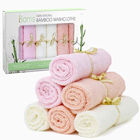 BAMS Luxury 100% Bamboo Baby Washcloths - Extra Soft Wash Wipes Double Thickness Face Towels for Babies, Newborn, Infant, Adults with Sensitive Skin - Free Laundry Bag Included