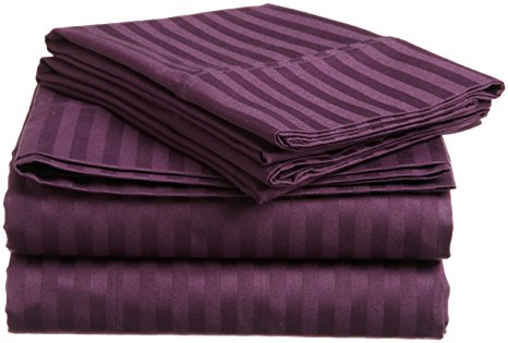 100% Premium Long-Staple Combed Cotton 400 Thread Count Queen 4-Piece Bed Sheet Set, Stripe, Plum