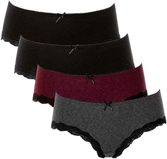 ATTRACO Women's Cotton Brief Panties Soft Underwear Lace Trim Hipster 4 Pack