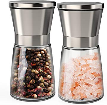 Salt and Pepper Grinder Set, Gvoo Premium Stainless Steel Glass Body Salt and Pepper Mills Shakers with Adjustable Ceramic Coarseness