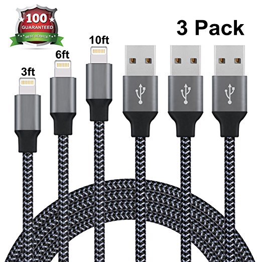 Xcords iPhone Charger, iPhone Cable 3Pack 3FT 6FT 10FT Lightning to USB Cable Nylon Braided Charging Cord for iPhone X 8 8Plus 7 7Plus 6s 6sPlus 6 6Plus SE 5 5s 5c iPad iPod and More (Black)