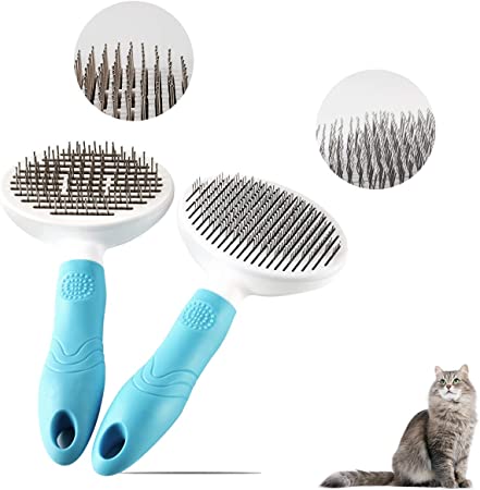 2 Packs Pet Hair Brushes for Cat Dog, Dog Cat Slicker Brush for Shedding Grooming Massage Self Cleaning Pet Hair Remover Comb Pet Supplies Efficient for Long & Short Fur, 2 Thick & Thin Teeth Brushes