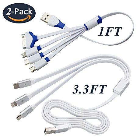 Multi Charging Cable (2Pack) 3.3FT 3 in 1 and 1FT 4 in 1 Multiple USB Charger Cord Adapter with Lightning/ Type c/ Micro USB/ Mini USB Port Connectors for iPhone iPad Android Phones Universal Use