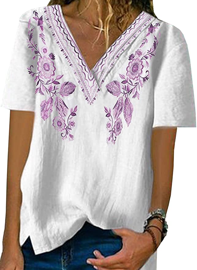 Dokotoo Women's V Neck Lace Trim Tops Casual Loose Short Sleeve Blouses Shirts