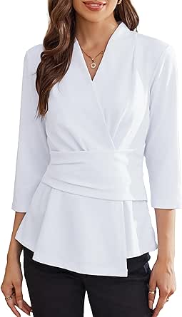 GRACE KARIN Women's 2024 Peplum Tops Dressy Wrap V Neck 3/4 Sleeve Work Blouse Tie Waist Business Casual Shirts