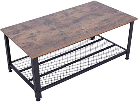 HOMCOM Industrial Style Coffee Cocktail Table Modern with Storage Shelf for Living Room Wood Grain Look