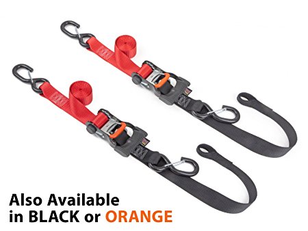 1½" x 6½ft PowerTye Made in USA Ergonomic Locking Ratchet Soft-Tye Tie-Downs with Heavy-Duty Latch Hooks, Red/Black (pair)