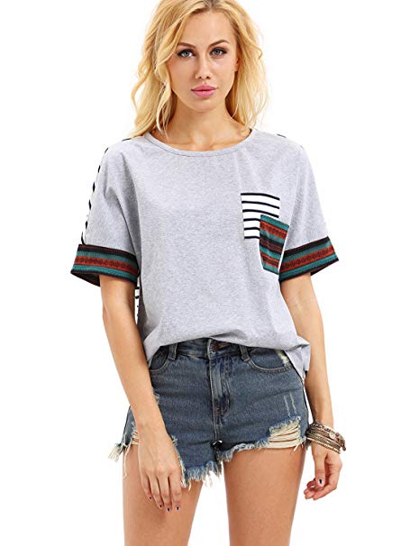 Romwe Women's Fashion Tee Short Sleeve Stripe Back Patch Pocket Casual T-Shirt Grey