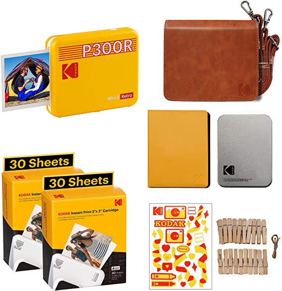 Kodak Mini 3 Retro 3x3” Portable Photo Printer Accessory Gift Bundle, Compatible with iOS, Android & Bluetooth Device, Real Photo 4PASS Technology & Laminating Process, Photos – Yellow