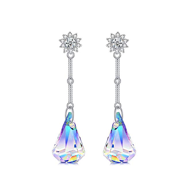 DESIMTION Sterling Silver Dangle Earrings for Women Color Change Aurora Borealis Crystals from Swarovski,Earrings for Her With Gift Box