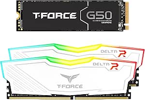 TEAMGROUP T-Force Delta RGB DDR4 16GB (2x8GB) 3600MHz Desktop Memory (White) TF4D416G3600HC18JDC01 Bundle with G50 1TB NVMe PCIe Gen4 M.2 2280 Gaming SSD (Read 5000) TM8FFE001T0C129