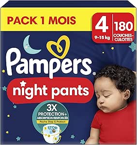 Pampers Night Pants, Taille 4, 180 Couches-Culottes, 9-15kg, Maintien 360° Contre Les Fuites Avec Un Cœur Super Absorbant Pour Une Protection Renforcée Toute La Nuit, Pack 1 Mois