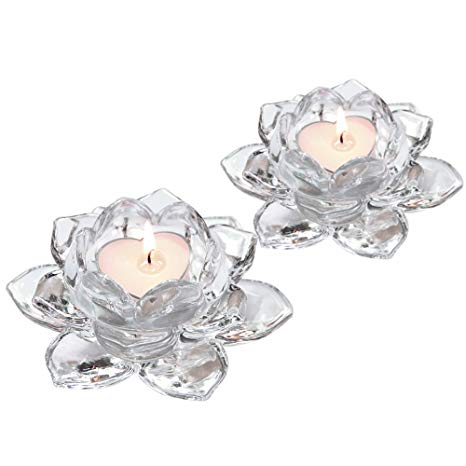 COOLGUY Crystal Lotus Candle Holders, Glass Tealight Holders for Home Decor, Wedding, Votive Activity, Birthday, Party and Present (2 PCS)