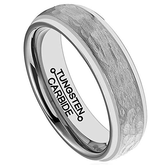 Mens 6mm Silver Tungsten Carbide Ring Handcrafted Hammered Grain Brushed Matte Wedding Engagement Band