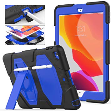 iPad 7th Generation Case with Pencil Holder, iPad 10.2 2019 Case,Three Layer Heavy Duty Hybrid Shockproof Rugged Drop Protection Cover with Kickstand for iPad 7th Generation A2197/A2198/A2200 (Blue)